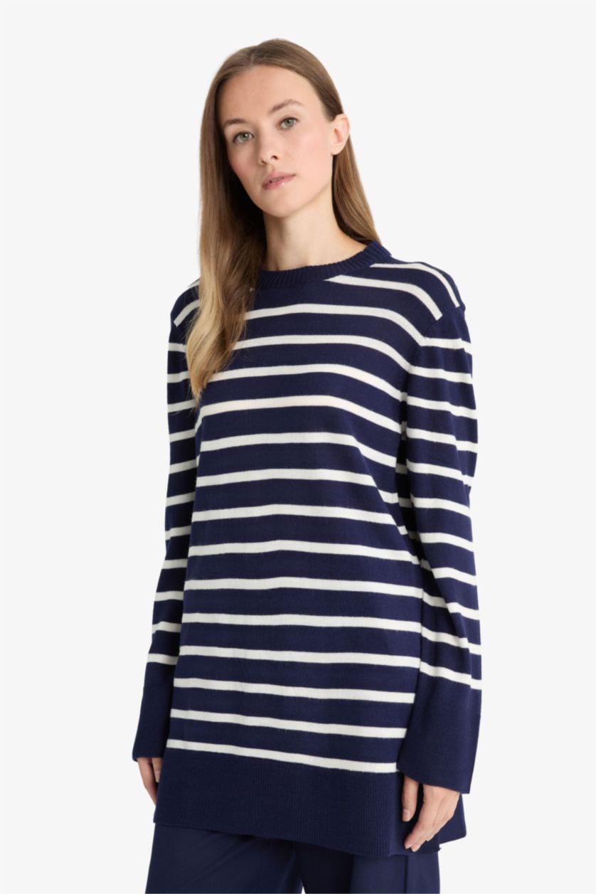 نساء كحلي تونيك قصة عادية بياقة مستديرة