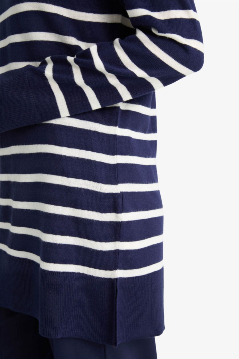 نساء كحلي تونيك قصة عادية بياقة مستديرة