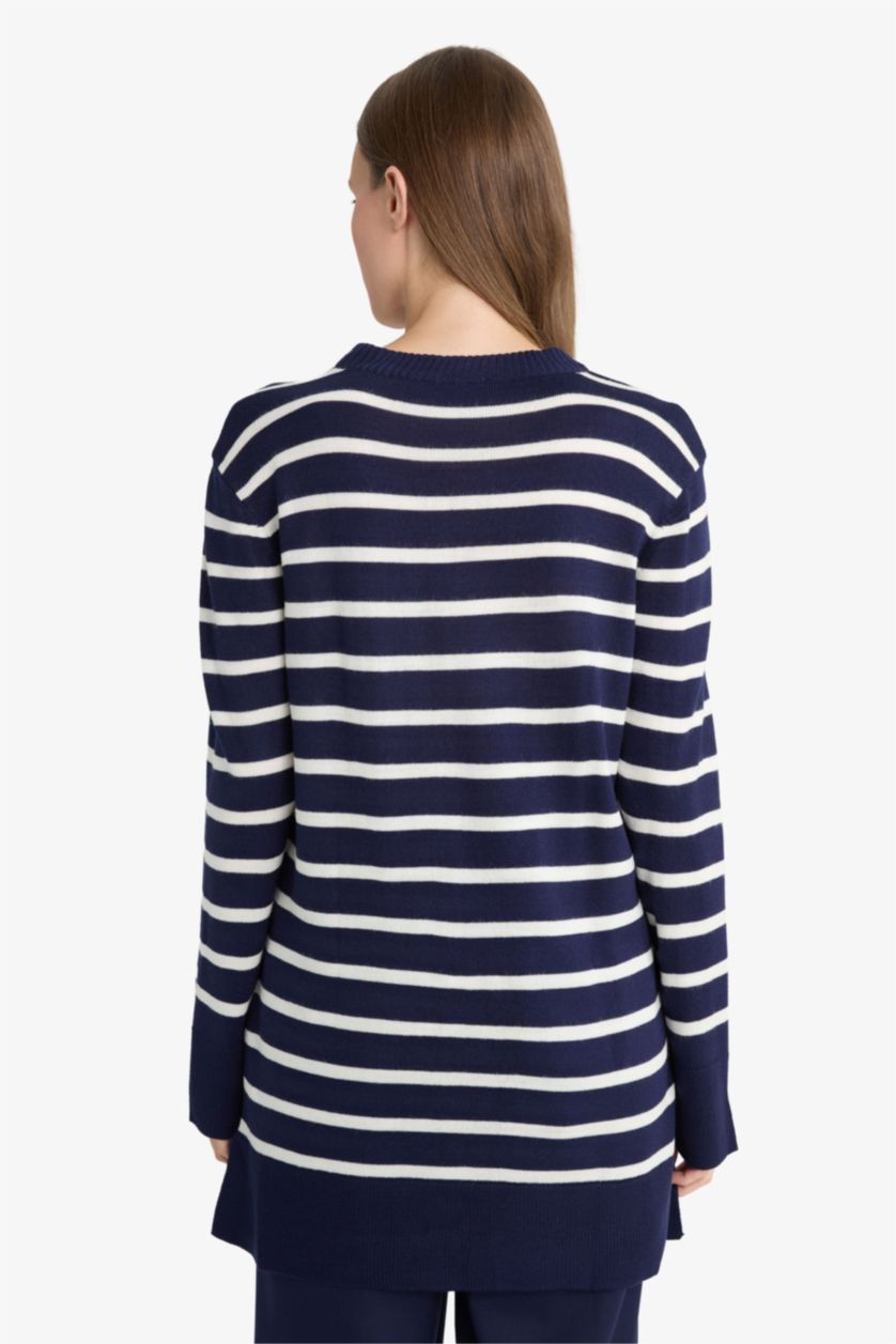 نساء كحلي تونيك قصة عادية بياقة مستديرة