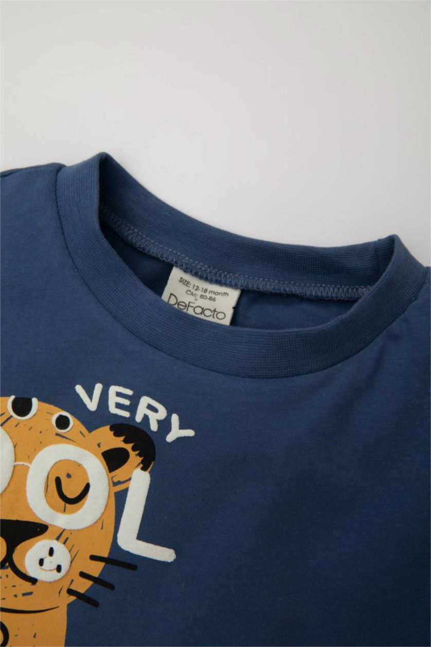 Erkek Bebek Mavi Erkek Bebek 2'li Takım Baskılı Kısa Kollu Tişört Üst Beli Lastikli Kısa Şort Alt