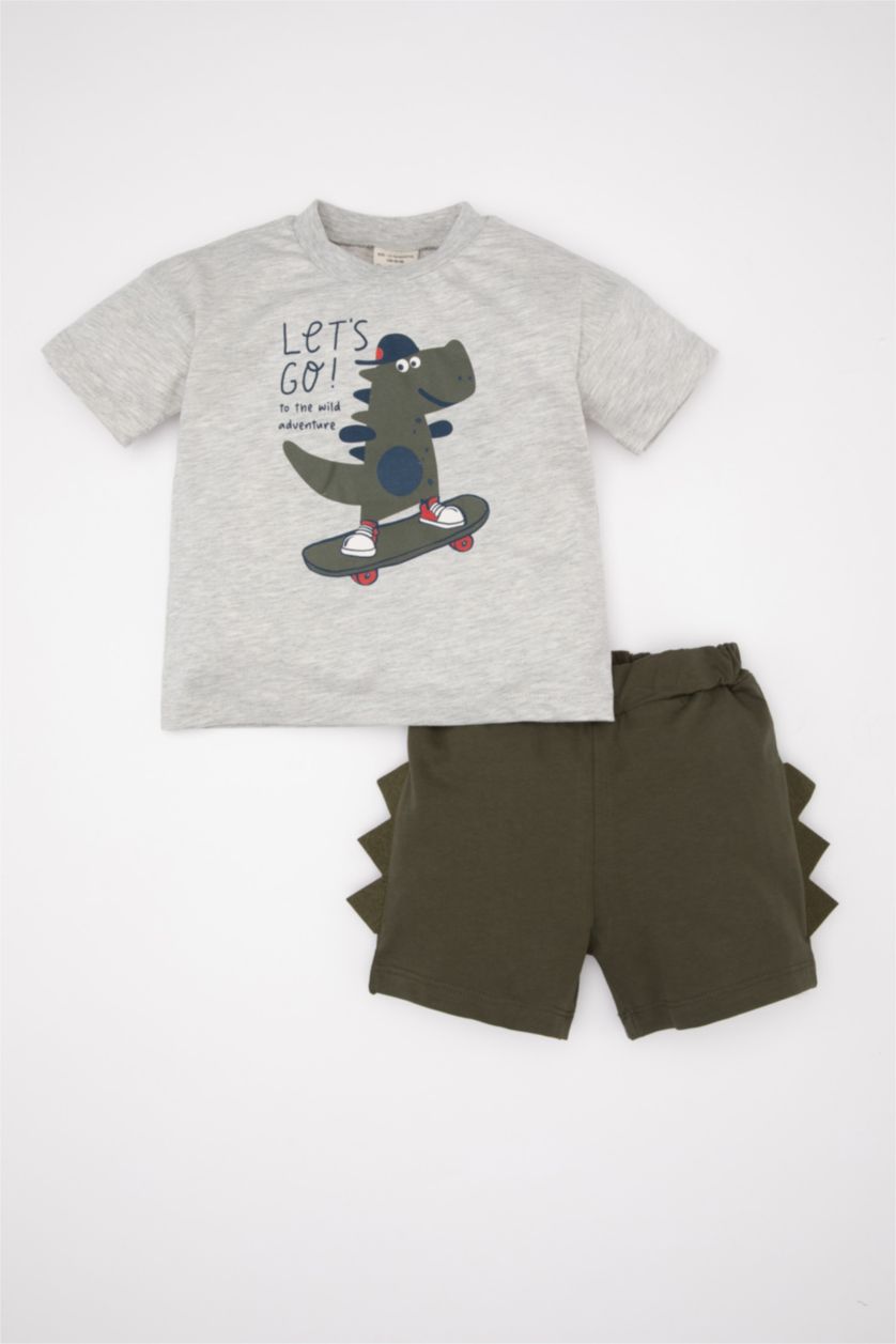 BABY BOY Light Grey Melange Baby Boy Dinosaur Printed T-Shirt Shorts 2 Piece Set