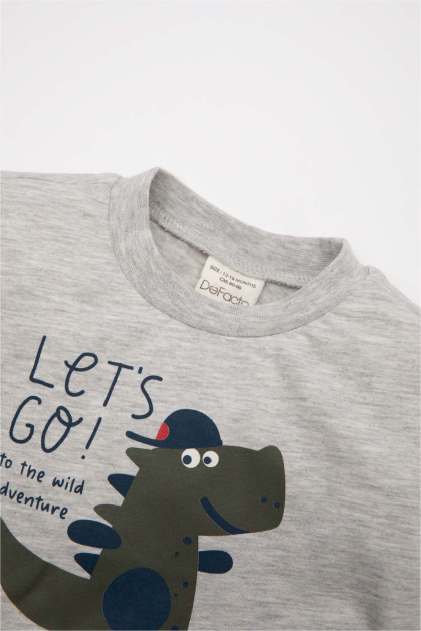 BABY BOY Light Grey Melange Baby Boy Dinosaur Printed T-Shirt Shorts 2 Piece Set