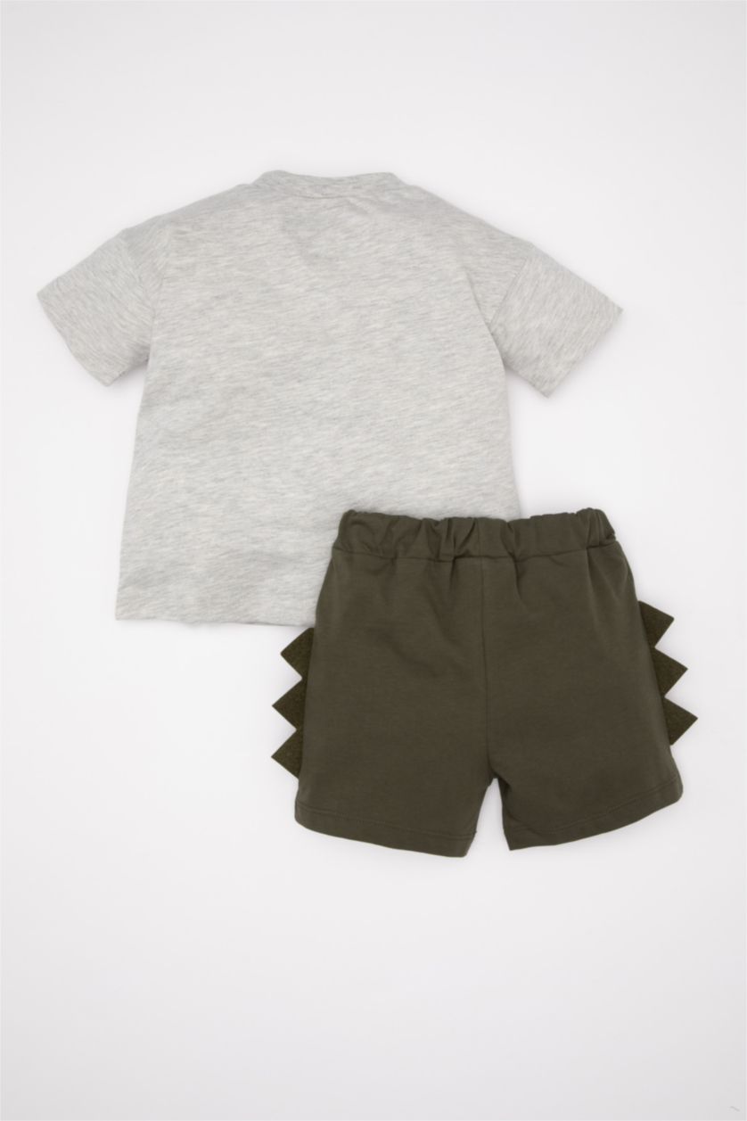BABY BOY Light Grey Melange Baby Boy Dinosaur Printed T-Shirt Shorts 2 Piece Set