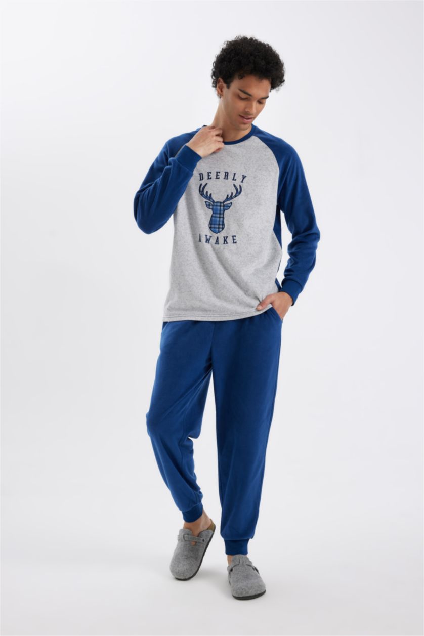 Erkek Lacivert Regular Fit Polar Pijama Takımı Baskılı Uzun Kollu Üst Uzun Alt