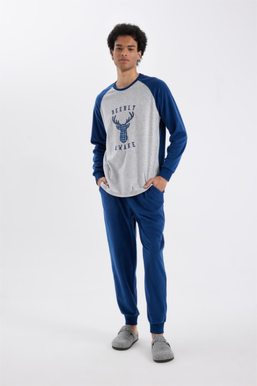 Erkek Lacivert Regular Fit Polar Pijama Takımı Baskılı Uzun Kollu Üst Uzun Alt