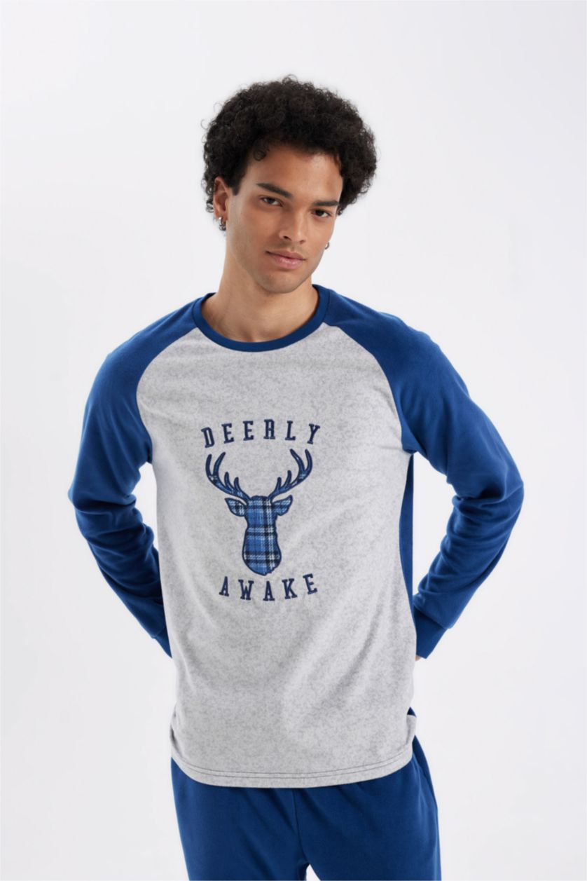 Erkek Lacivert Regular Fit Polar Pijama Takımı Baskılı Uzun Kollu Üst Uzun Alt