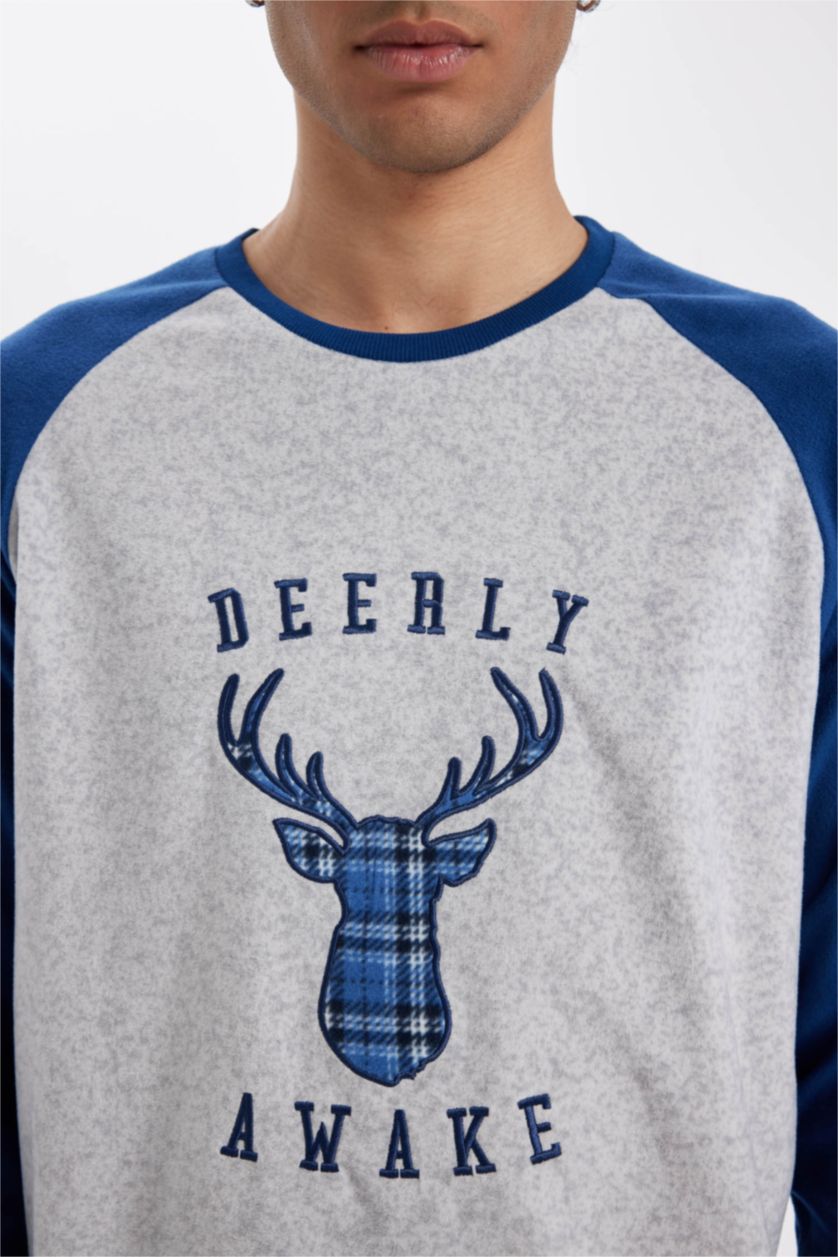 Erkek Lacivert Regular Fit Polar Pijama Takımı Baskılı Uzun Kollu Üst Uzun Alt