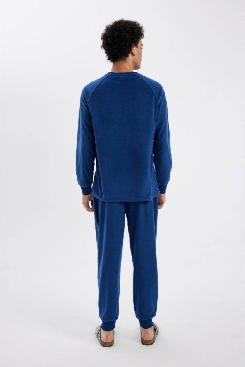 Erkek Lacivert Regular Fit Polar Pijama Takımı Baskılı Uzun Kollu Üst Uzun Alt