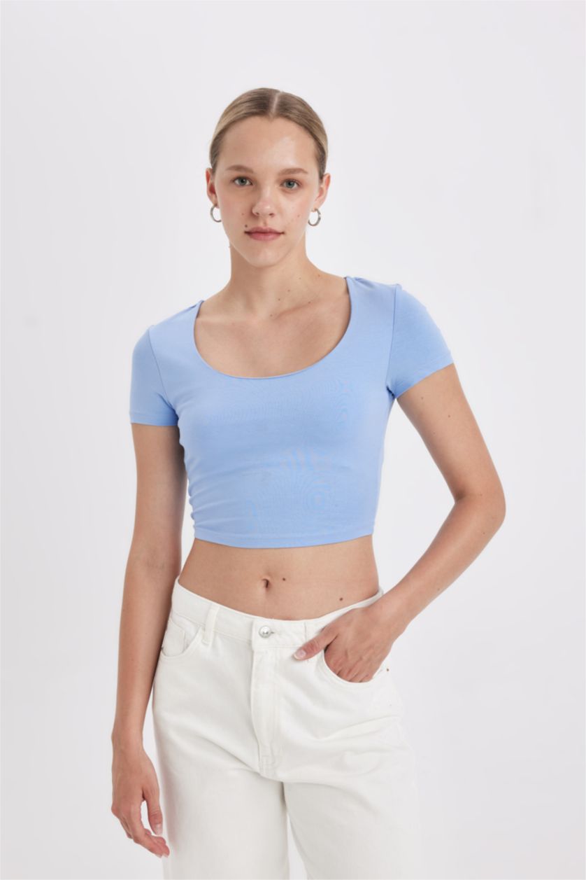 Kadın Mavi Fitted U Yaka Basic Düz Kısa Kollu Tişört