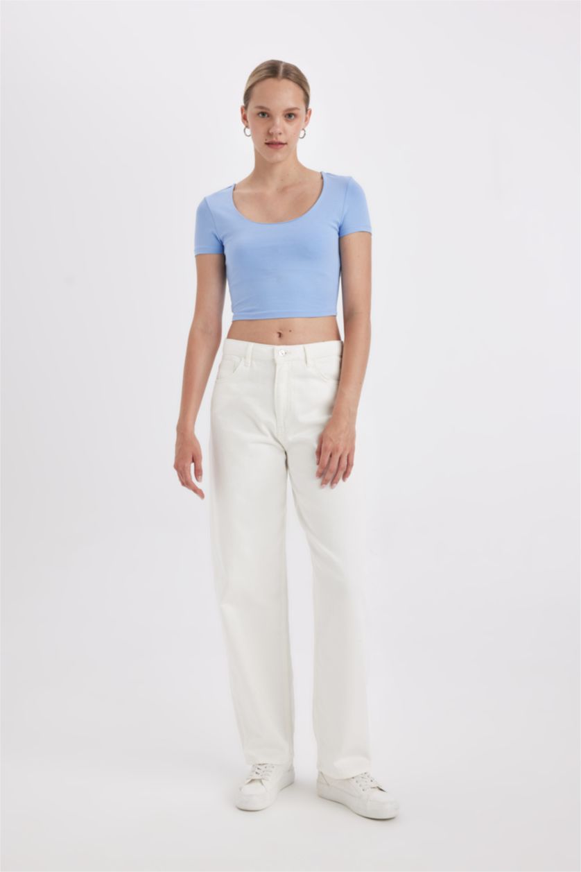 Kadın Mavi Fitted U Yaka Basic Düz Kısa Kollu Tişört