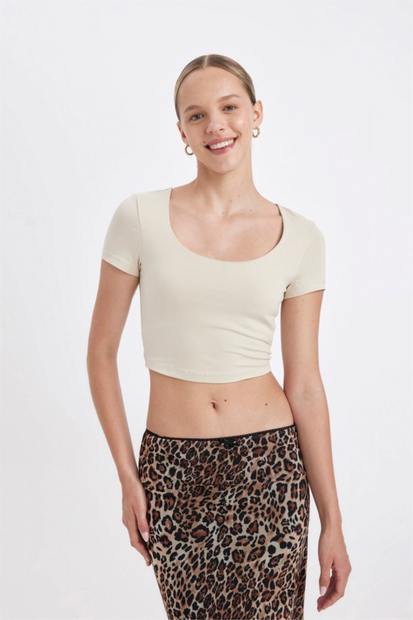 WOMAN Light Beige Slim Fit U Collar Short Sleeve T-Shirt