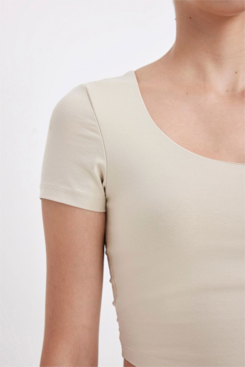 WOMAN Light Beige Slim Fit U Collar Short Sleeve T-Shirt