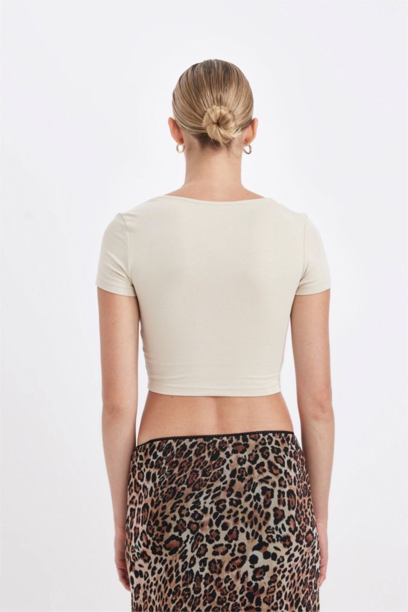 WOMAN Light Beige Slim Fit U Collar Short Sleeve T-Shirt