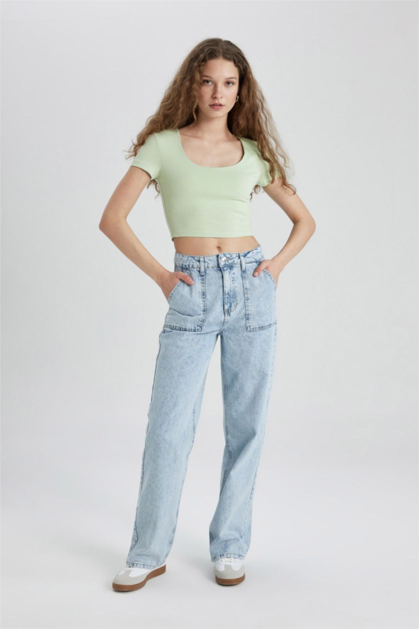 WOMAN Light Green Slim Fit U Collar Short Sleeve T-Shirt