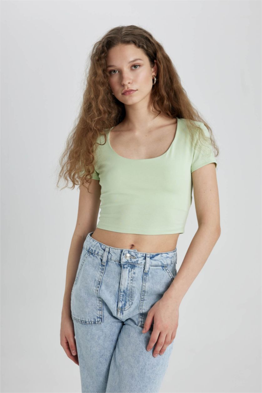 WOMAN Light Green Slim Fit U Collar Short Sleeve T-Shirt