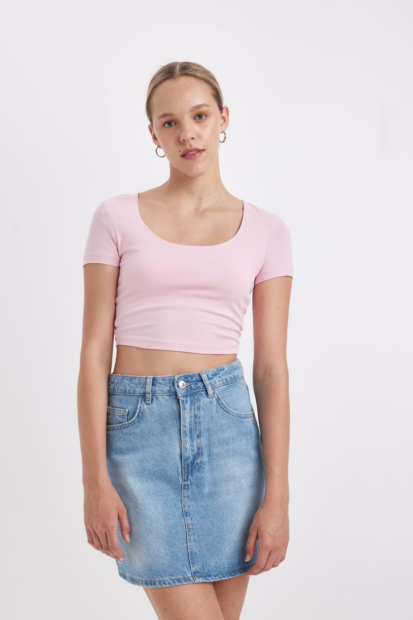 نساء زهري تيشيرت نص كم سليم فيت برقبة U