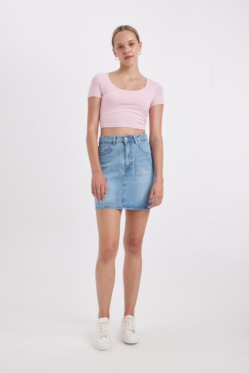 نساء زهري تيشيرت نص كم سليم فيت برقبة U