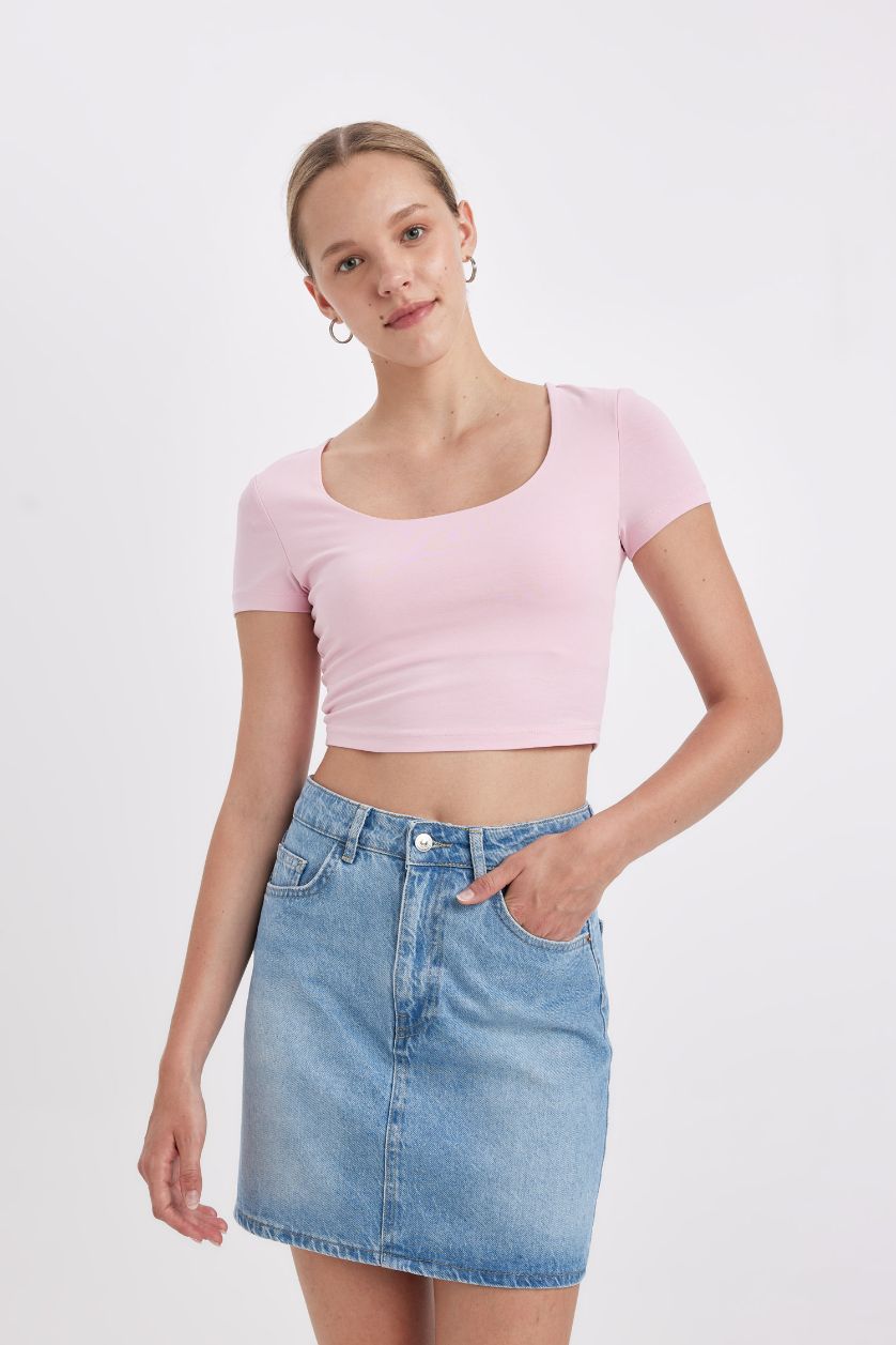 نساء زهري تيشيرت نص كم سليم فيت برقبة U