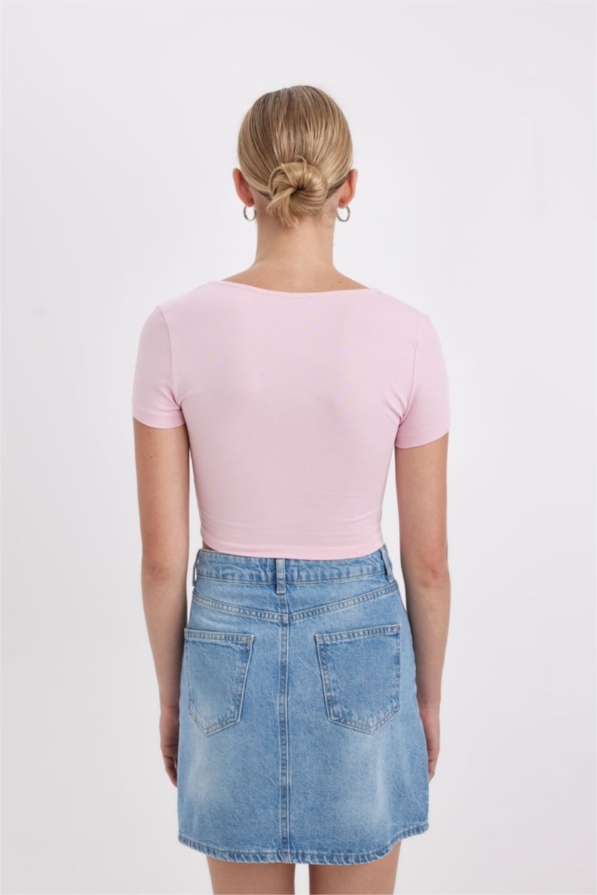 نساء زهري تيشيرت نص كم سليم فيت برقبة U