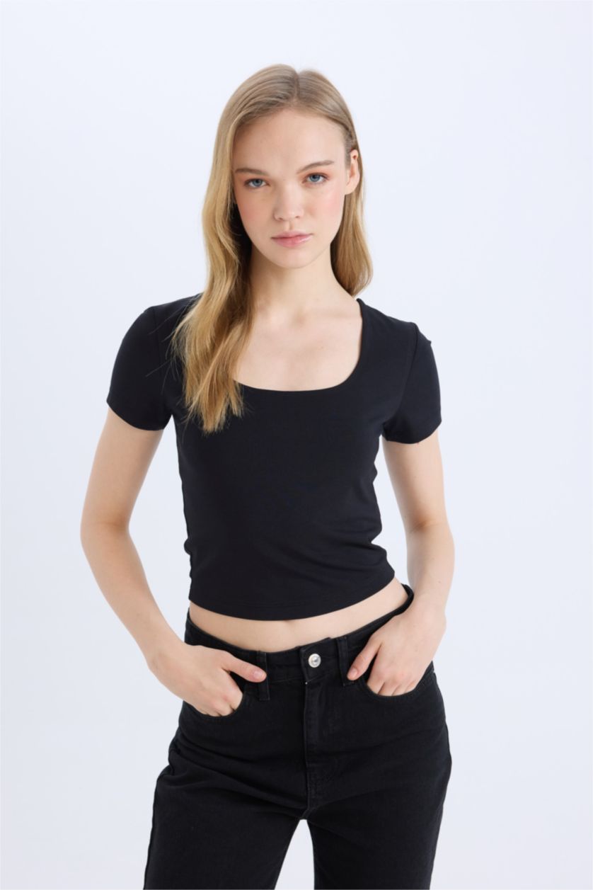 نساء أسود تيشيرت أسود نص كم سليم فيت برقبة U