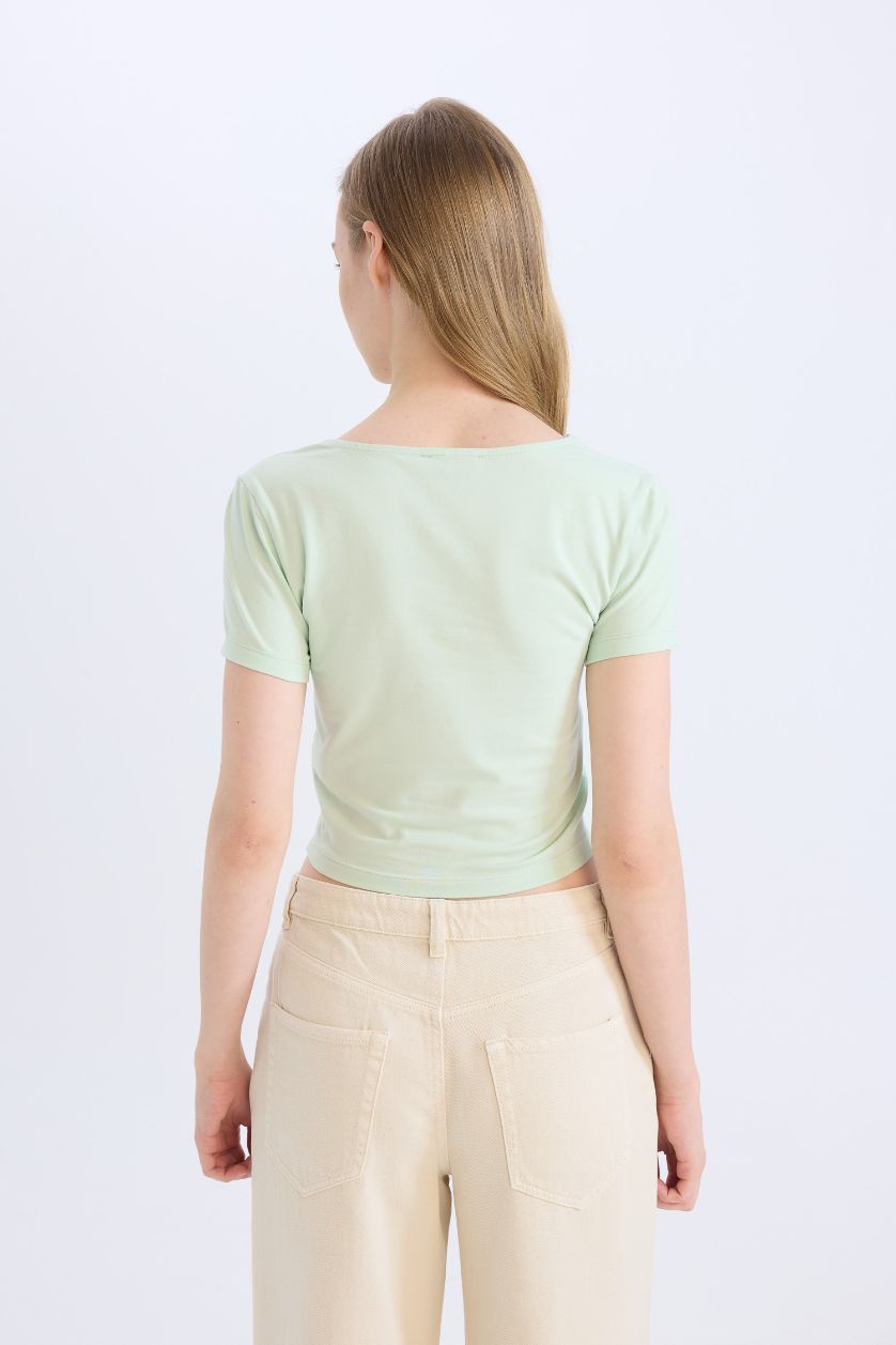 Woman Mint Slim Fit U Collar Short Sleeve T-Shirt