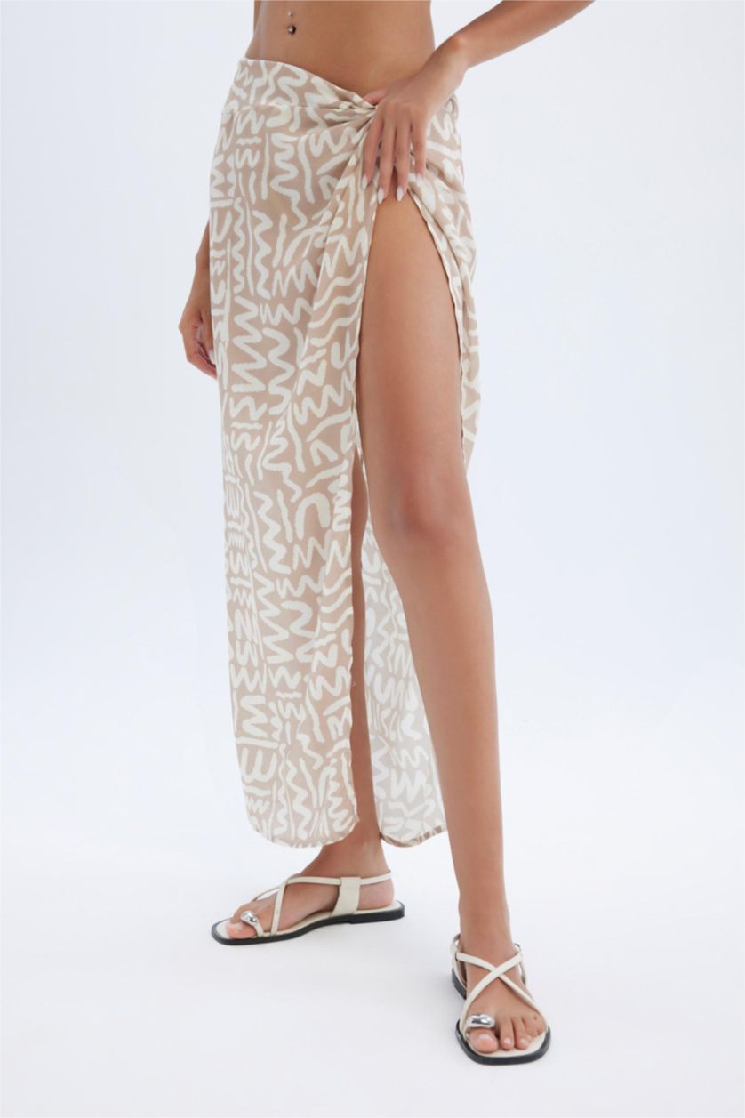 Kadın Açık Vizon Desenli Yırtmaçlı Plaj Eteği