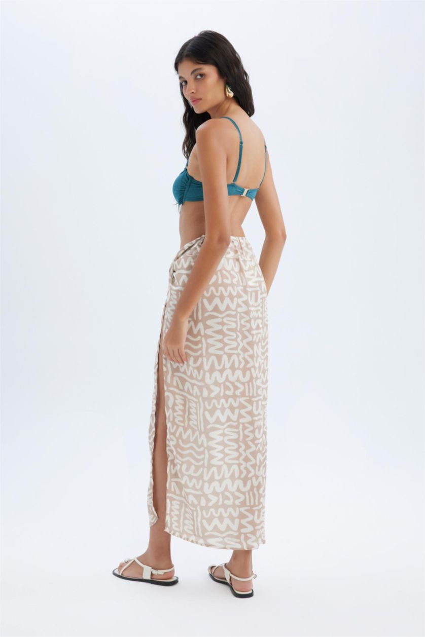 Kadın Açık Vizon Desenli Yırtmaçlı Plaj Eteği