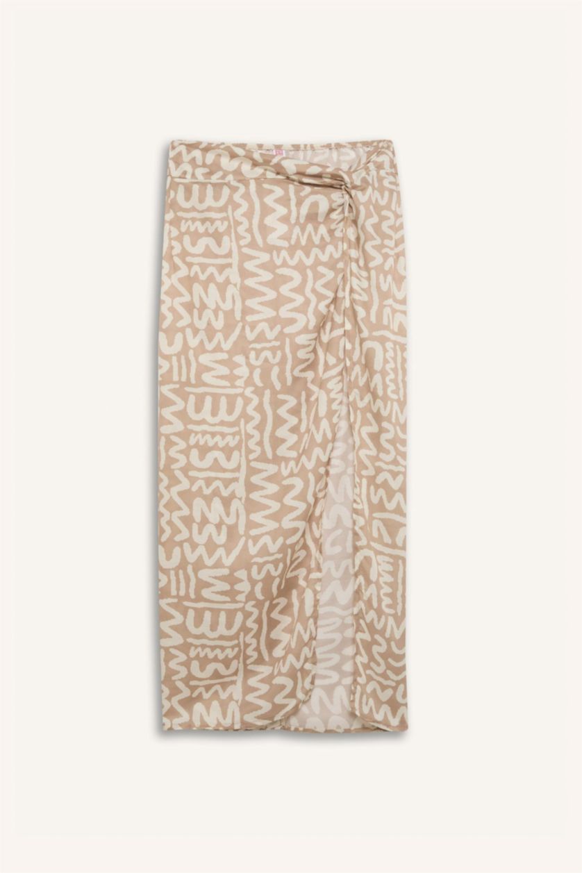 Kadın Açık Vizon Desenli Yırtmaçlı Plaj Eteği