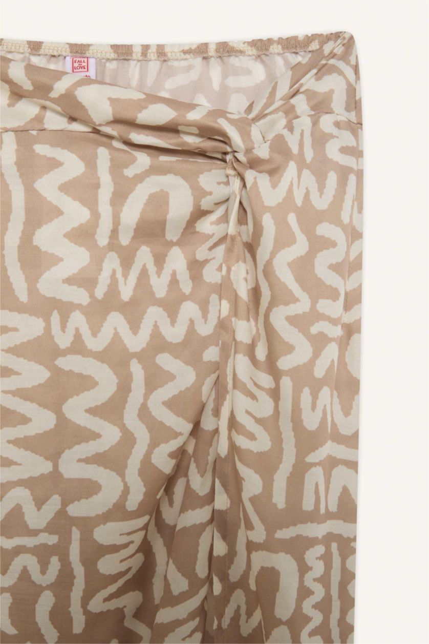 Kadın Açık Vizon Desenli Yırtmaçlı Plaj Eteği