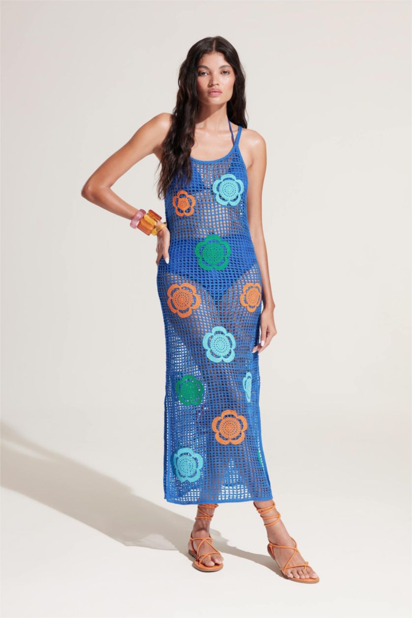 Kadın Saks Regular Fit Çiçekli Kroşe Midi Plaj Elbisesi-Fall in Love