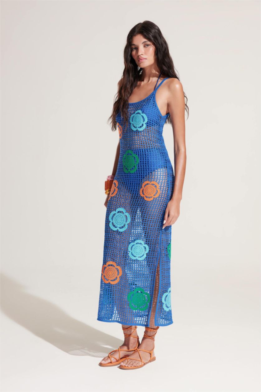 Kadın Saks Regular Fit Çiçekli Kroşe Midi Plaj Elbisesi-Fall in Love