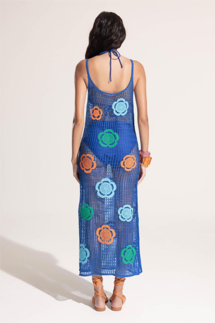 Kadın Saks Regular Fit Çiçekli Kroşe Midi Plaj Elbisesi-Fall in Love