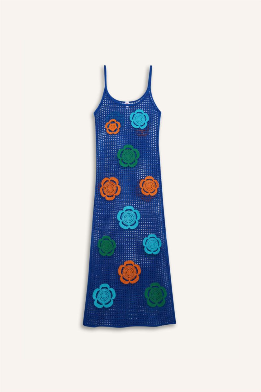 Kadın Saks Regular Fit Çiçekli Kroşe Midi Plaj Elbisesi-Fall in Love