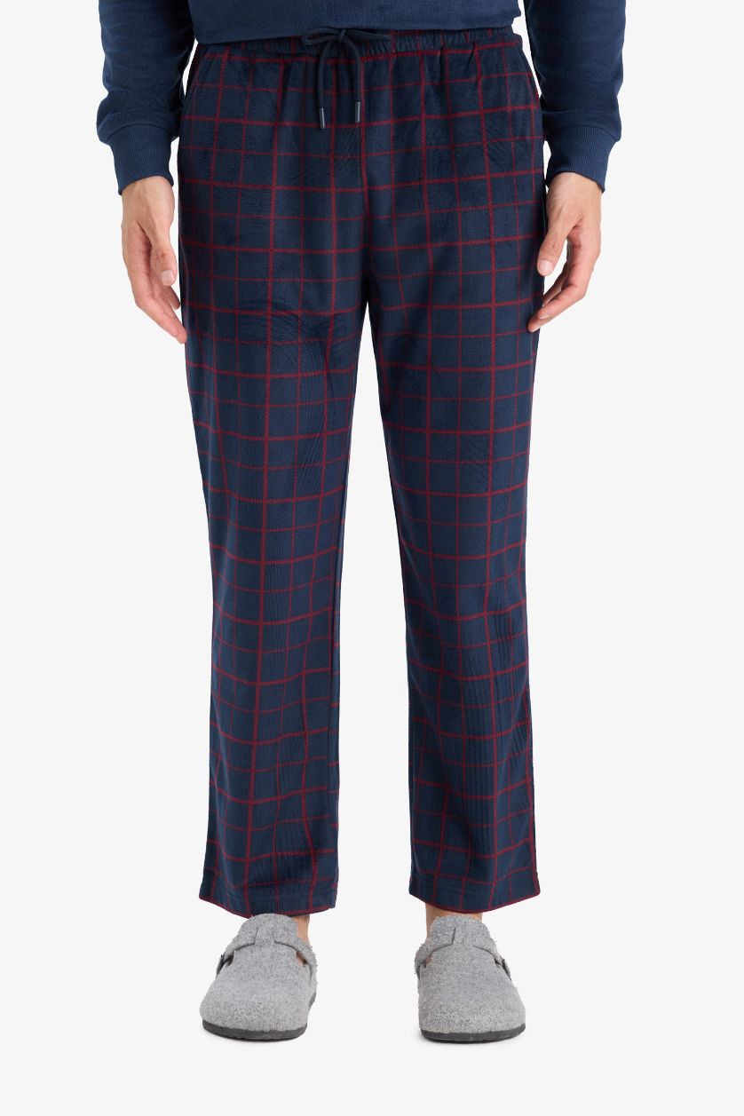 Erkek Lacivert Pijama Takımı Polar Uzun Kollu Üst Kareli Uzun Alt