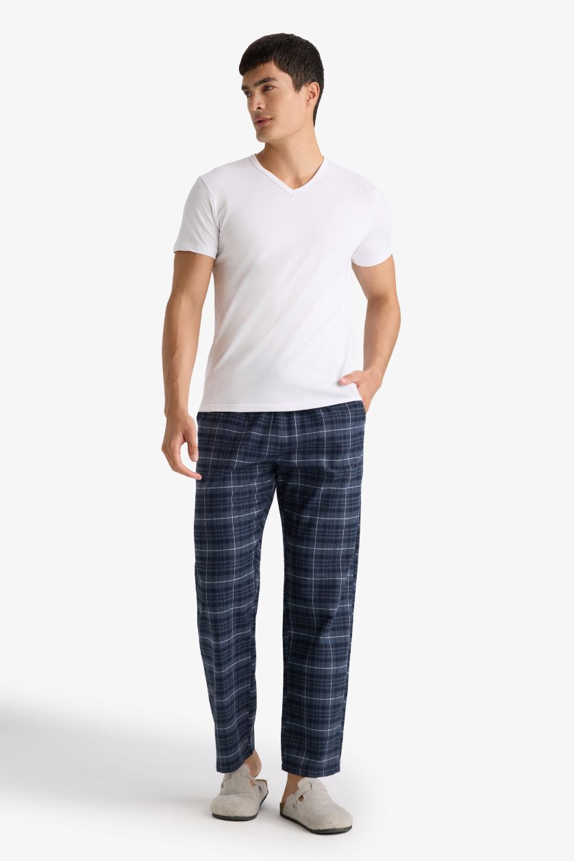 Erkek Açık İndigo Regular Fit Beli Bağcıklı Cepli Uzun Boy Kareli Pijama Altı