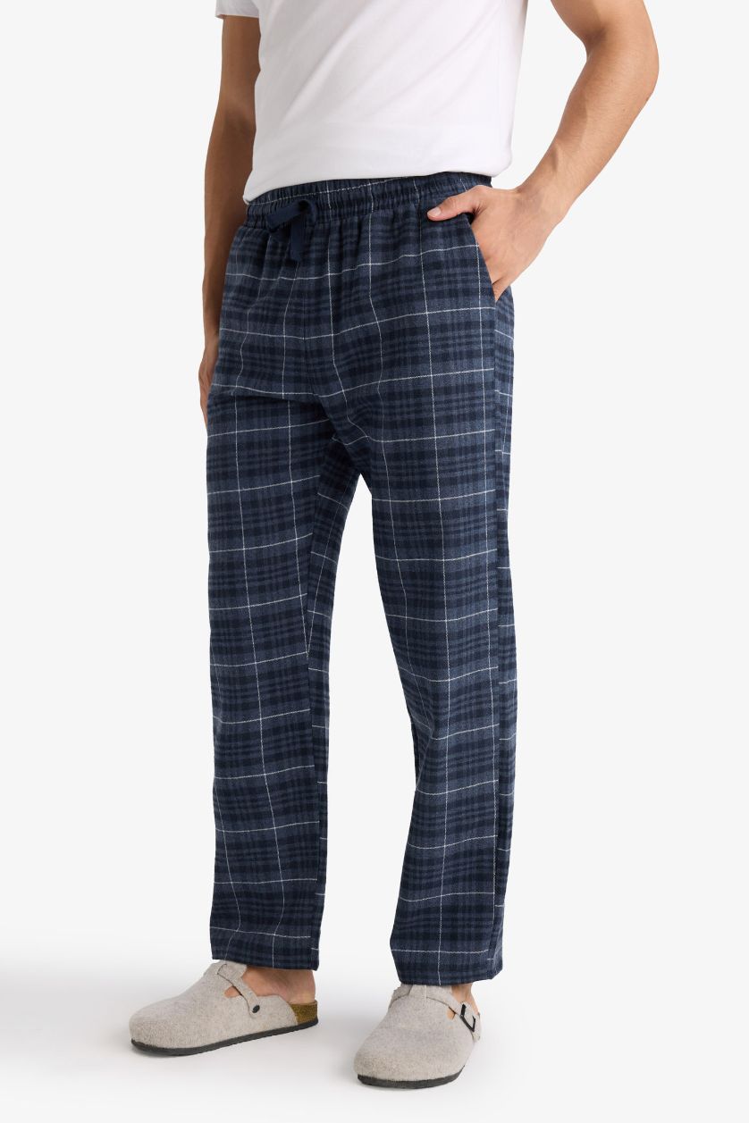 Erkek Açık İndigo Regular Fit Beli Bağcıklı Cepli Uzun Boy Kareli Pijama Altı