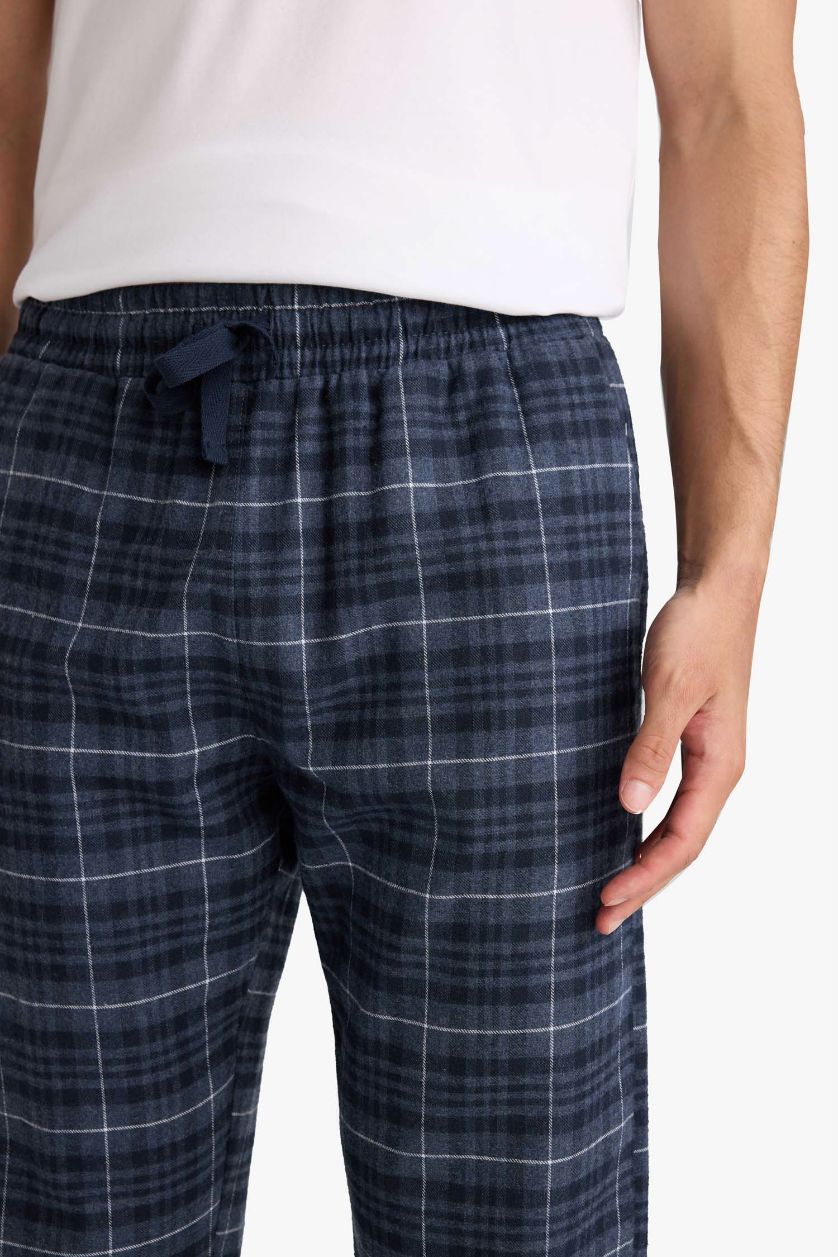 Erkek Açık İndigo Regular Fit Beli Bağcıklı Cepli Uzun Boy Kareli Pijama Altı