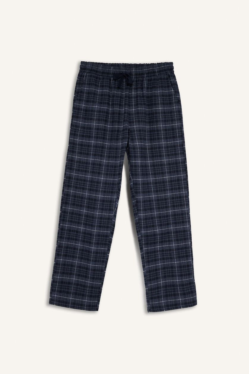 Erkek Açık İndigo Regular Fit Beli Bağcıklı Cepli Uzun Boy Kareli Pijama Altı