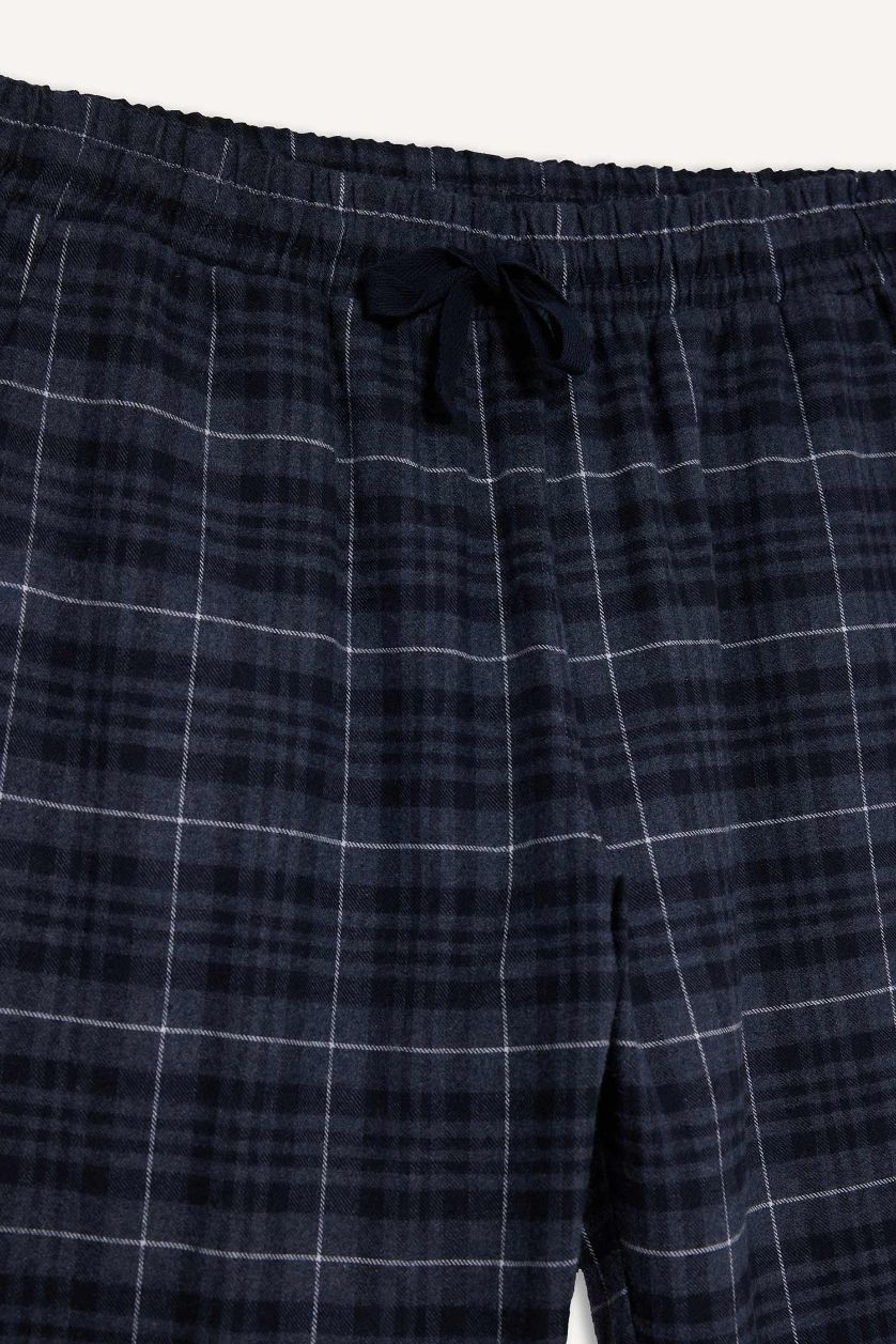 Erkek Açık İndigo Regular Fit Beli Bağcıklı Cepli Uzun Boy Kareli Pijama Altı