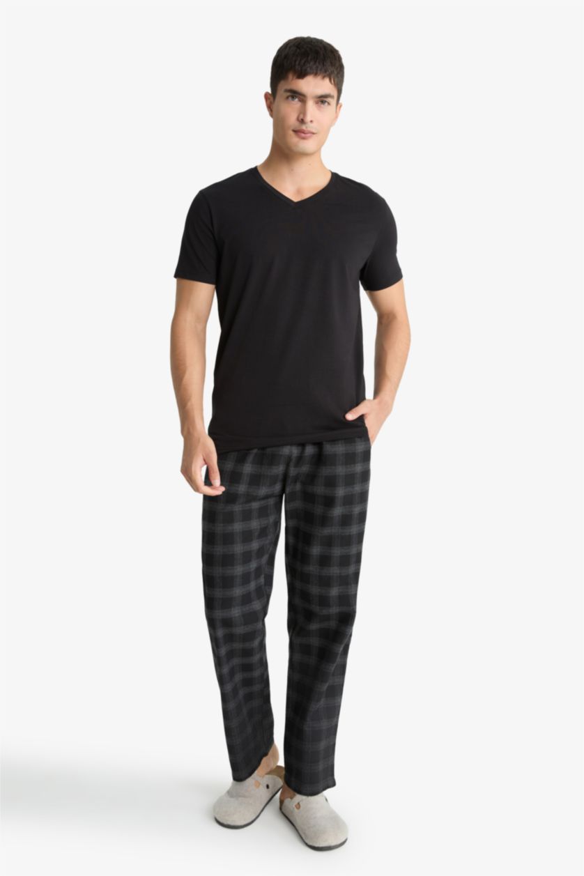 Man Black Regular Fit Long Check Pajama Pants