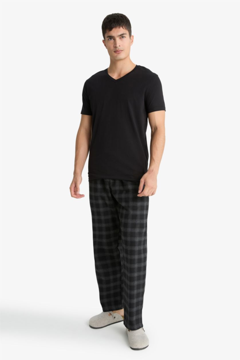 Man Black Regular Fit Long Check Pajama Pants