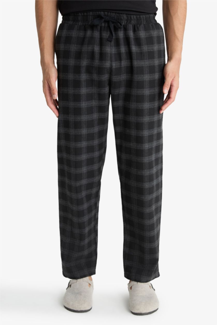 Man Black Regular Fit Long Check Pajama Pants