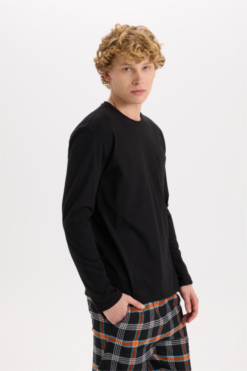 Erkek Siyah Regular Fit Pijama Takımı Bisiklet Yaka Basic Düz Uzun Kollu Üst Kareli Uzun Alt