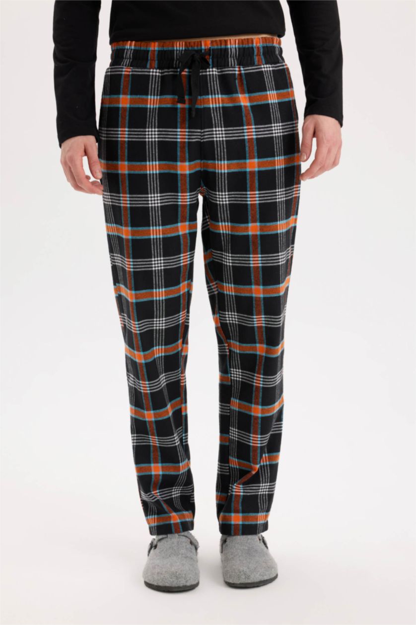 Erkek Siyah Regular Fit Pijama Takımı Bisiklet Yaka Basic Düz Uzun Kollu Üst Kareli Uzun Alt