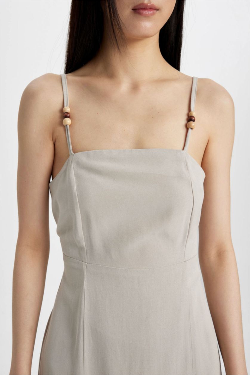 Woman Stone Slit Fit Square Neck Slit Linen Strap Dress