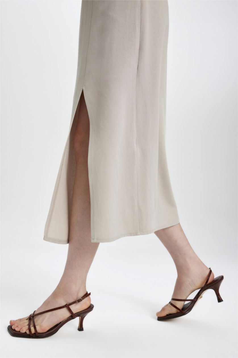 Woman Stone Slit Fit Square Neck Slit Linen Strap Dress