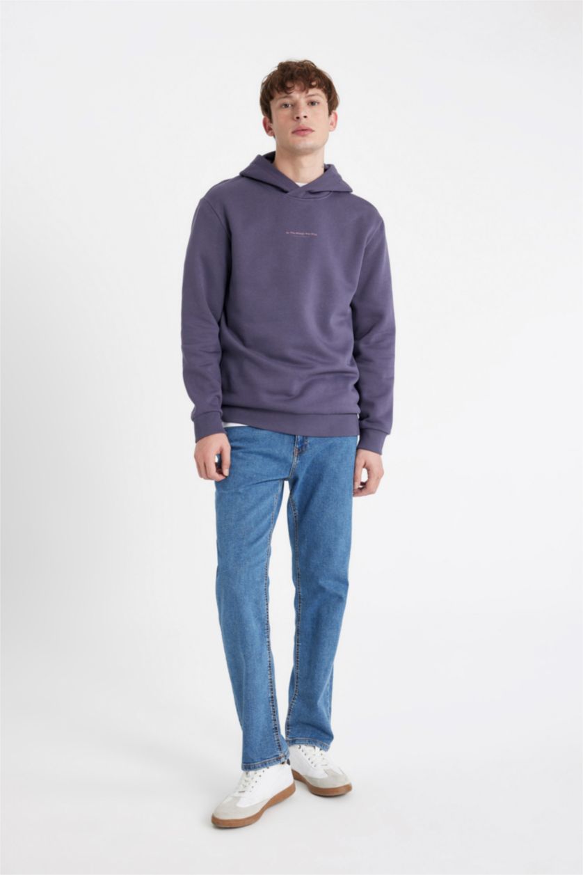 Erkek Mor Regular Fıt Kapüşonlu Baskılı Sweatshirt
