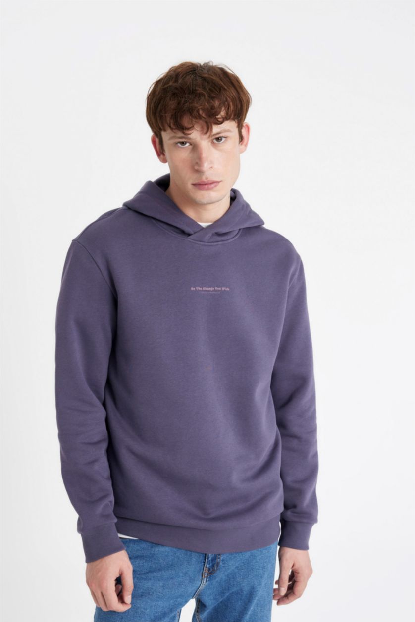 Erkek Mor Regular Fıt Kapüşonlu Baskılı Sweatshirt