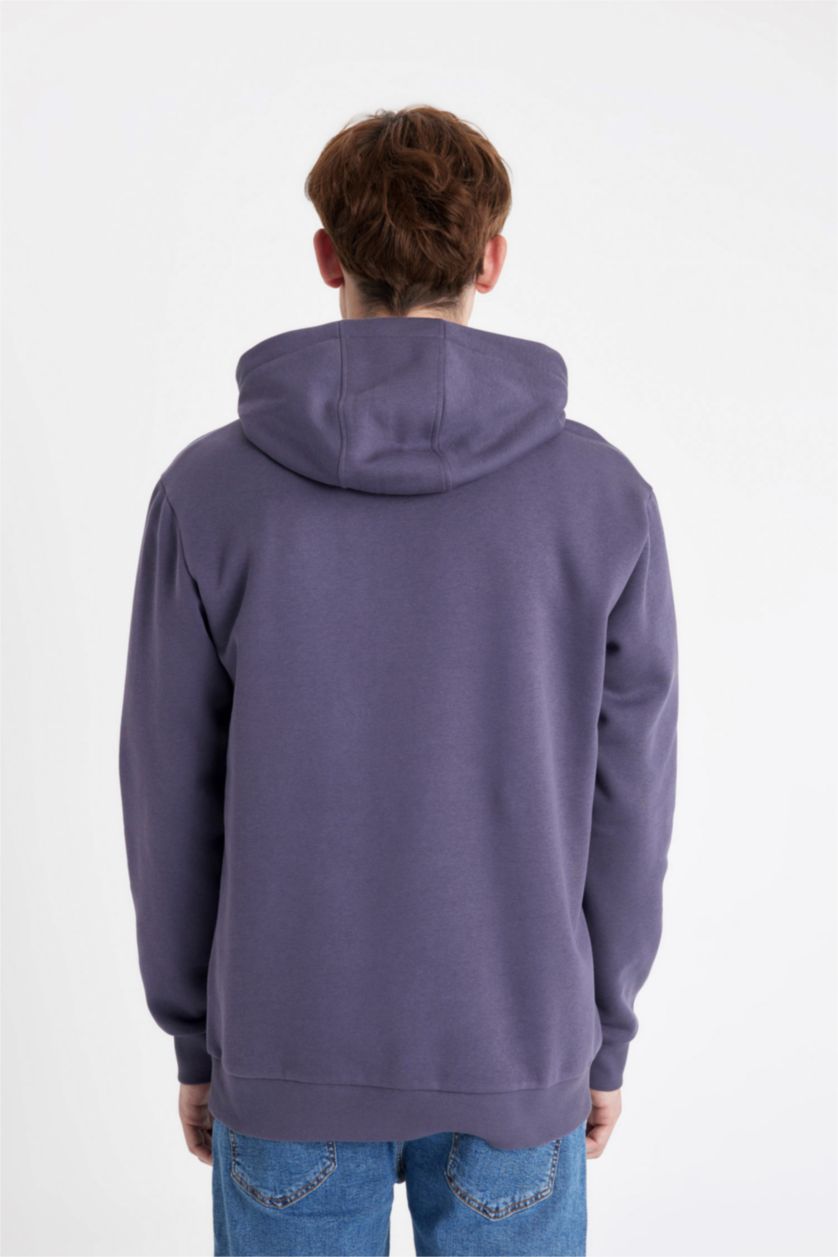 Erkek Mor Regular Fıt Kapüşonlu Baskılı Sweatshirt