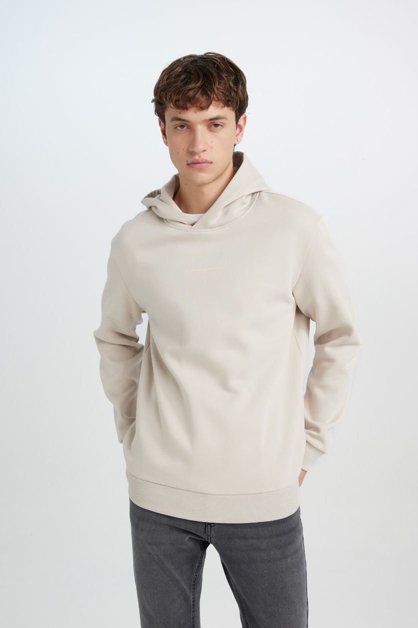 رجالي اللون الحجري هودي مطبوع قصة عادية